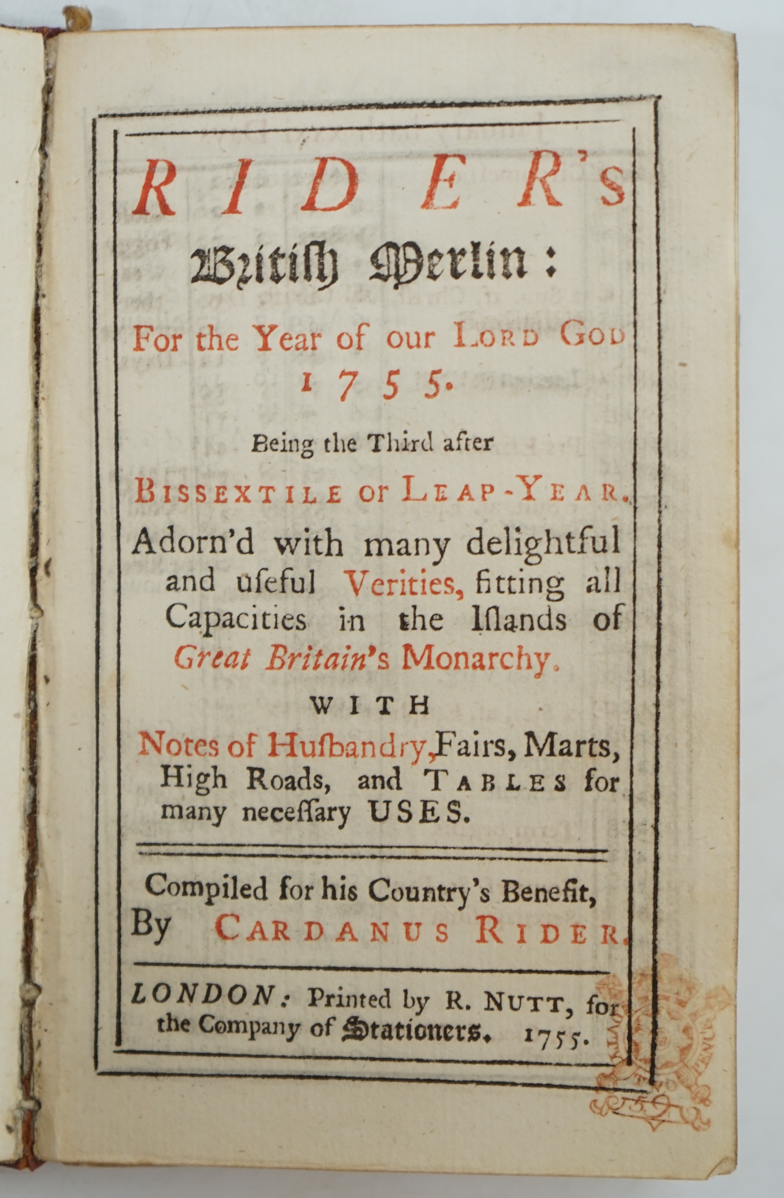 Rider, Cardanus [Richard Saunders] - Rider’s British Merlin: For the Year of our Lord God 1755, 72 unpaginated pages, 12mo, gilt tooled red morocco with floral engraved silver bosses, two each cover, together with a mid